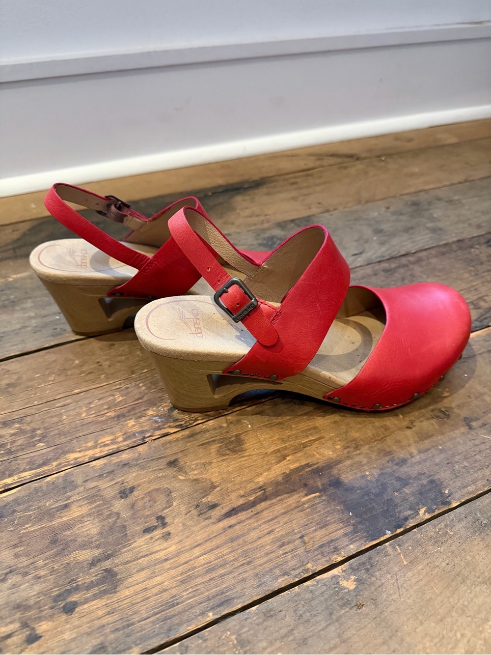 Dansko Red Leather Slingback Clog with Wood-Effect Heel